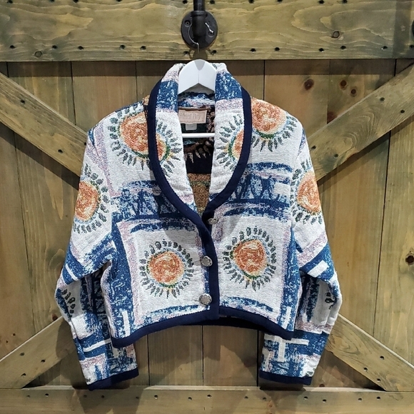 Vintage Jackets & Blazers - Painted Pony Stylish Blue and White Women's Jacket Cropped, Knit, Medium